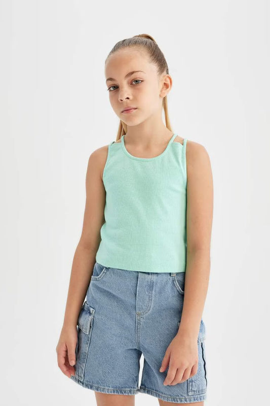 Girl Crew Neck Basic Crop Top - - light mint