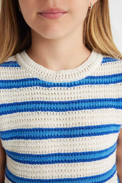 Girl Striped Openwork Crop Top - -
