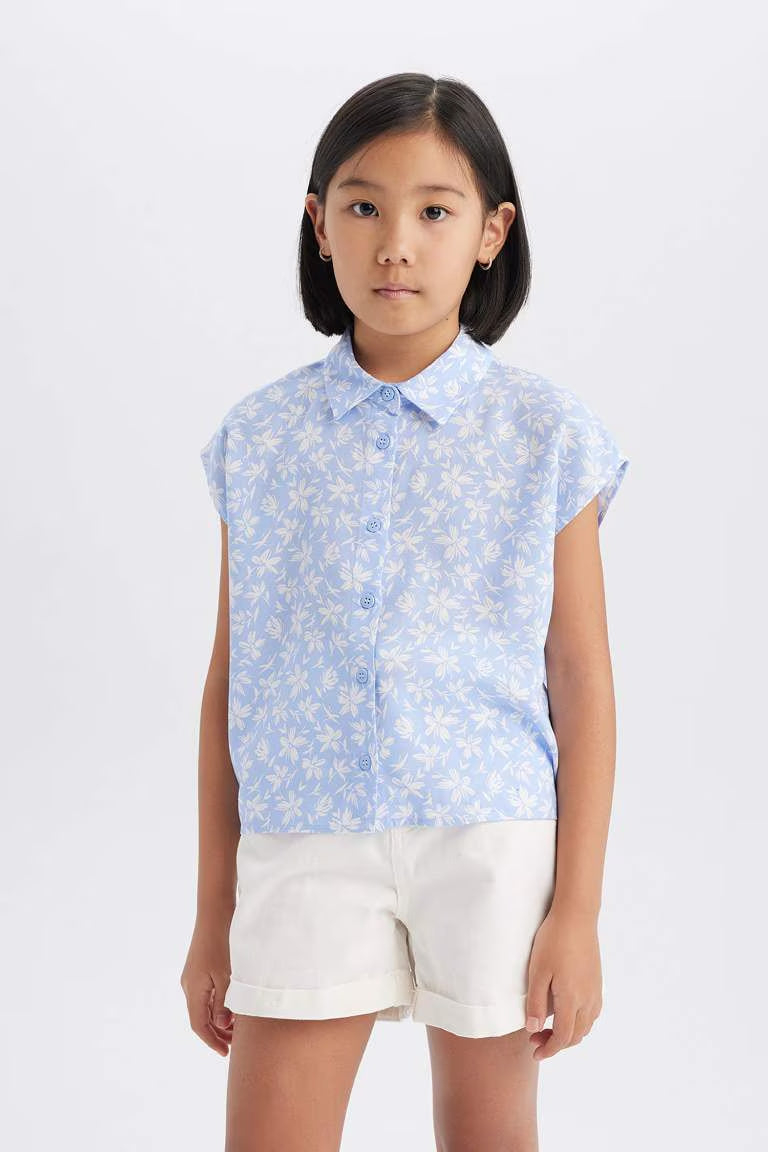 Girl Cotton Floral Short Sleeve Crop Shirt - -