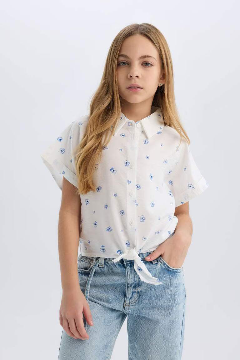 Girl Patterned Tie Detailed Crop Shirt - -