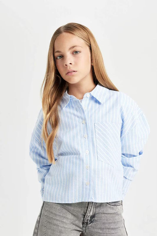 Girl Cotton Striped Long Sleeve Crop Shirt - -