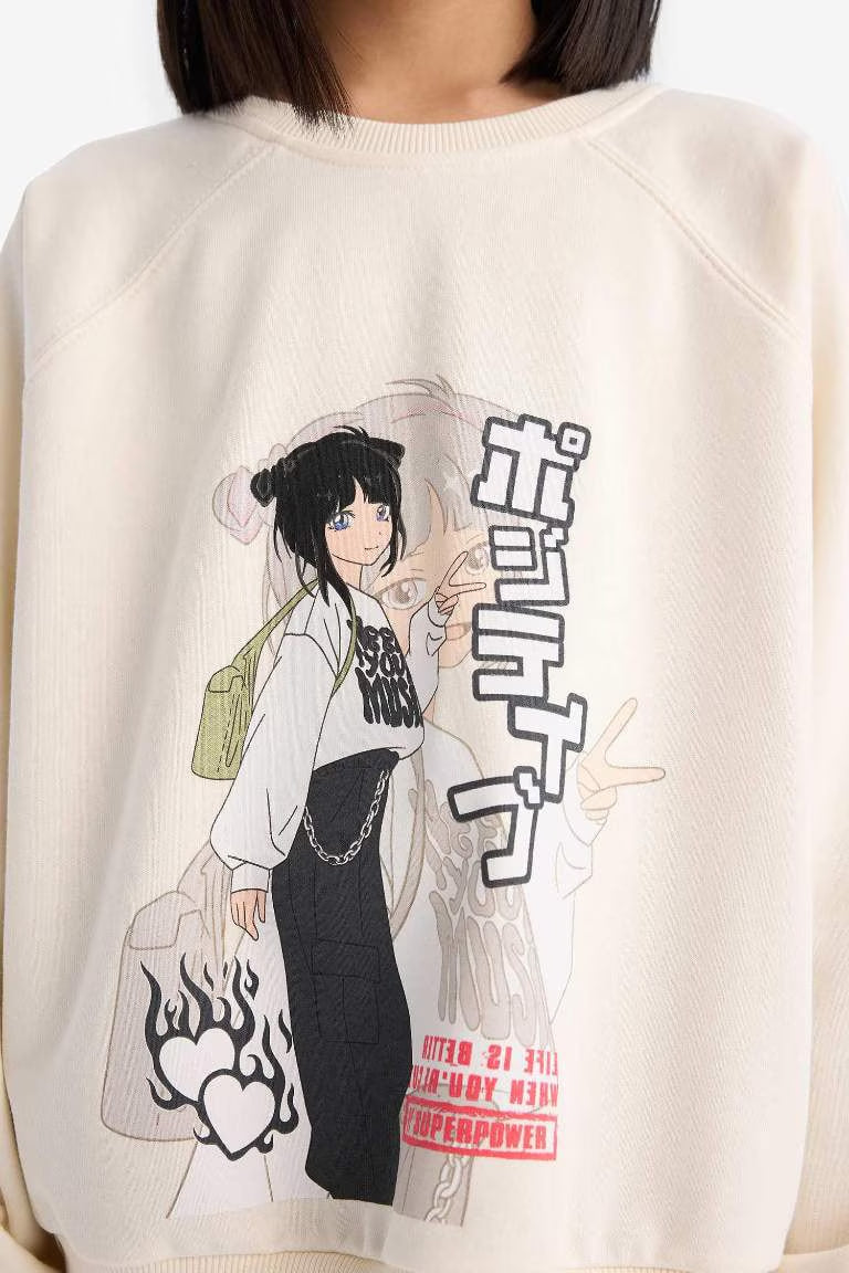 Girl Relax Fit Crew Neck Anime Printed Sweatshirt - -