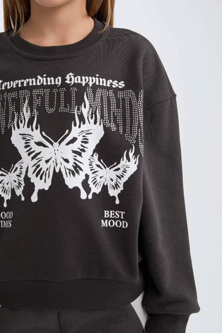 Girl Oversize Fit Pattern Crew Neck Printed Sweatshirt - -