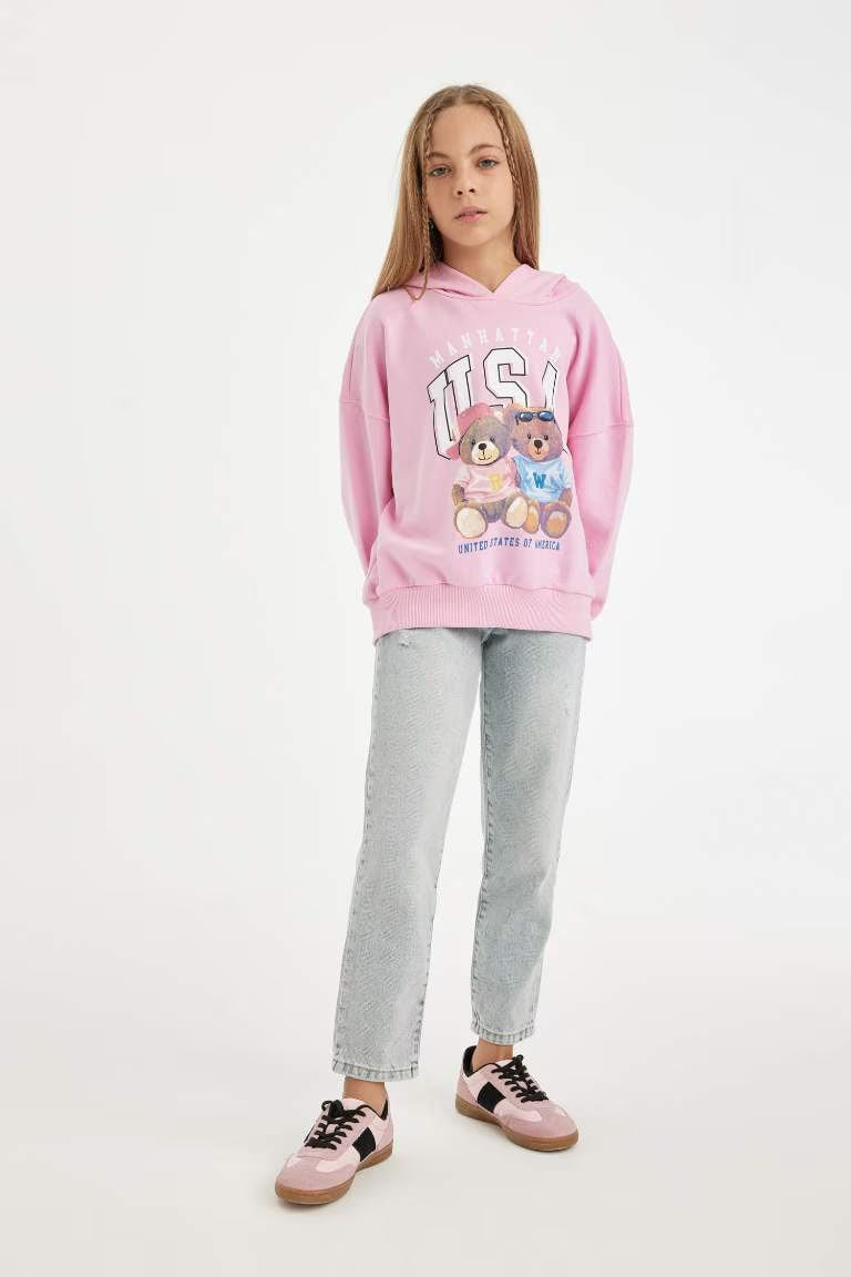 Girl Oversize Fit Hooded Bear Printed Sweatshirt - -
