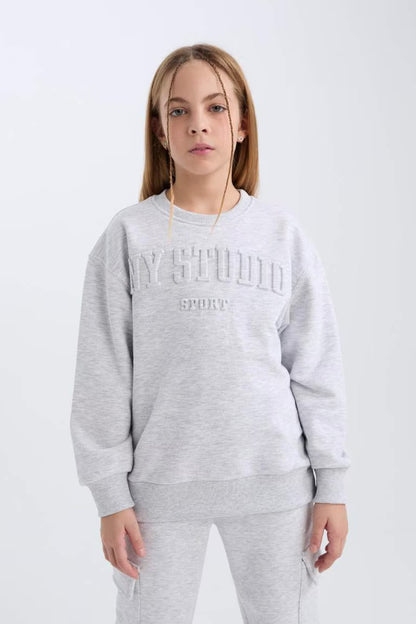 Girl Crew Neck Printed Sweatshirt - - Heather