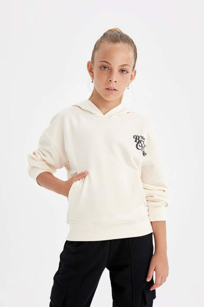 Girl Hooded School Sweatshirt - - Ecru