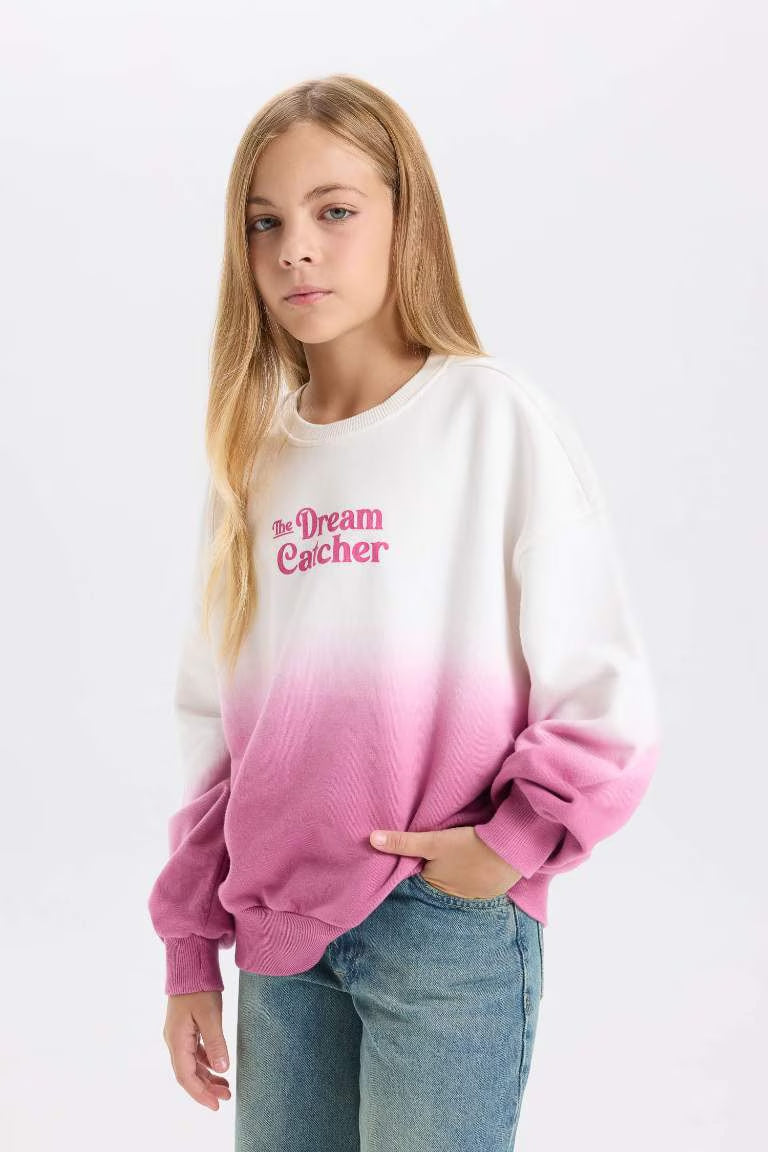 Girl Oversize Fit Crew Neck Printed Sweatshirt - - Pink