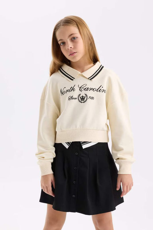 Girl Relax Fit Polo Neck Slogan Printed Sweatshirt - - Ecru