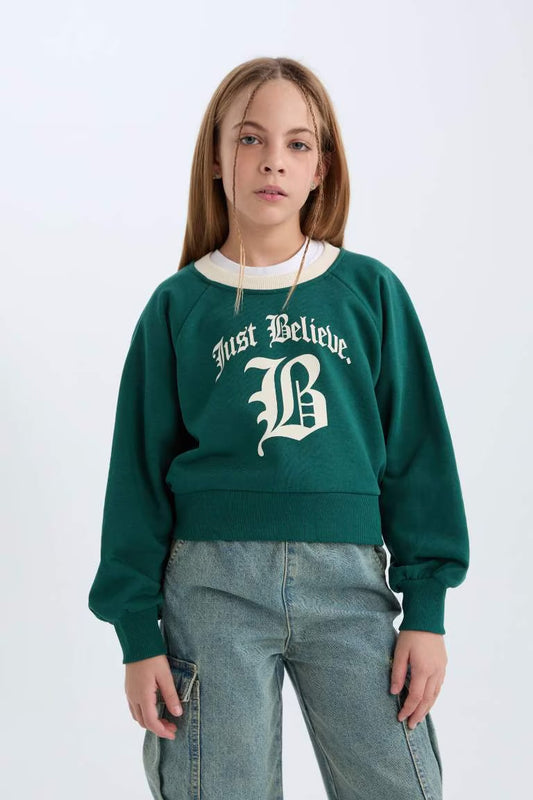 Girl Relax Fit Printed Soft Furry Inside Sweatshirt - - Green