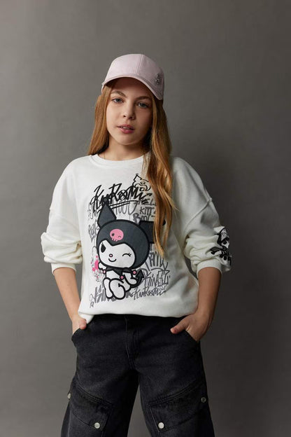 Girl Kuromi Oversize Fit Crew Neck Animal Patterned Sweatshirt - - Ecru