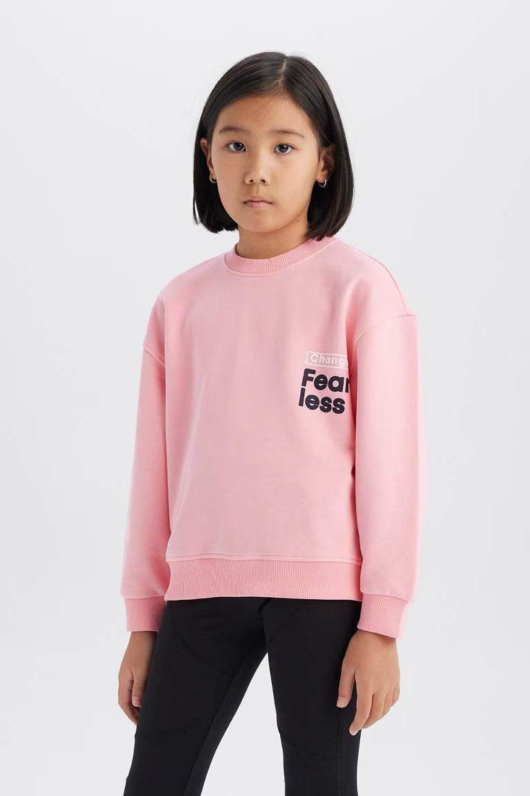 Girl Relax Fit Crew Neck Back Printed Sweatshirt - - Pink