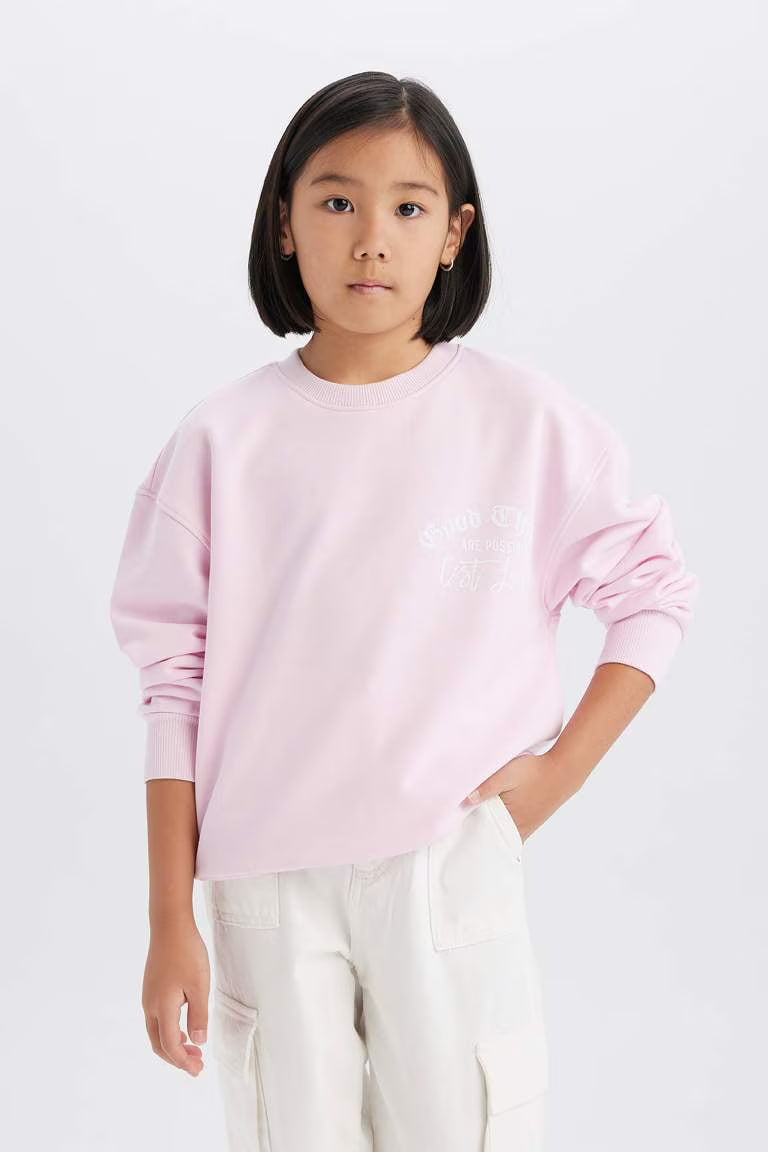 Girl Relax Fit Crew Neck Printed Sweatshirt - - Pink