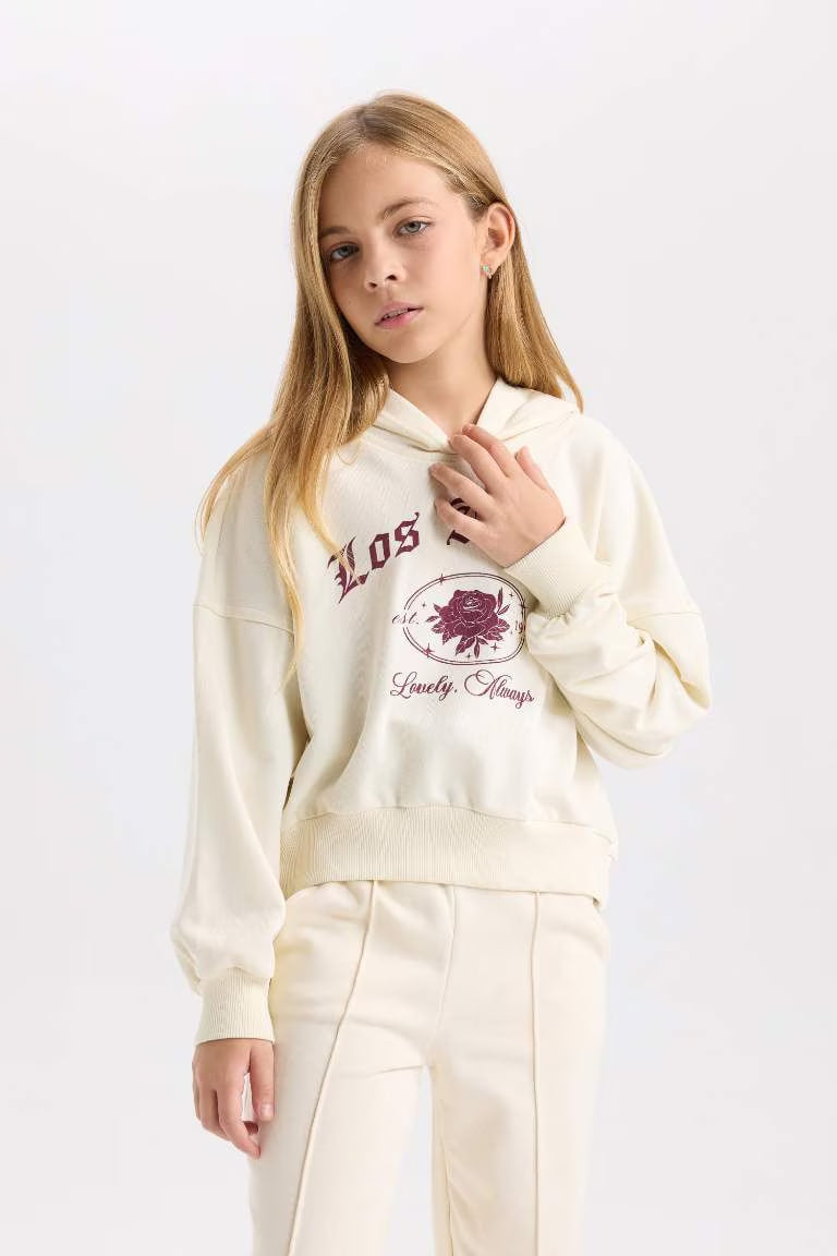 Girl Ecru Oversized Fit Hooded Printed Sweatshirt - - Ecru
