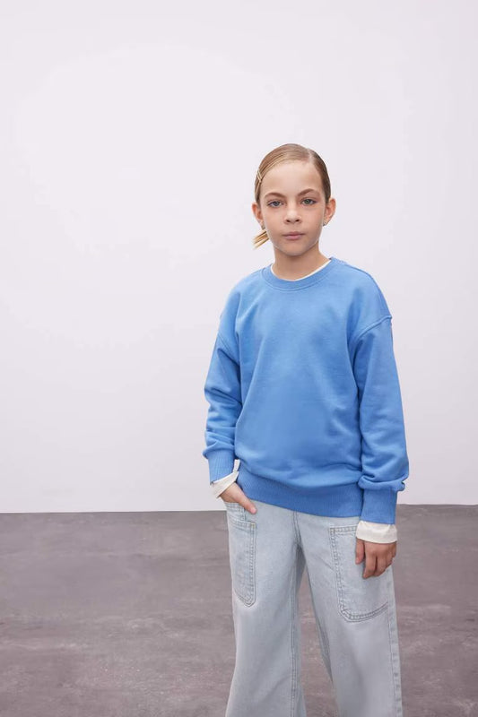 Girl Relax Fit Crew Neck Basic School Sweatshirt - - Blue