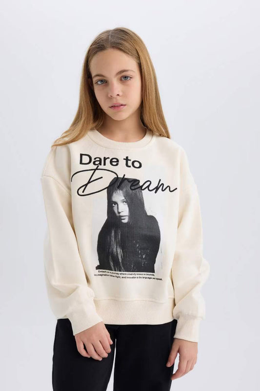 Girl Oversize Fit Crew Neck Printed Sweatshirt - - Ecru