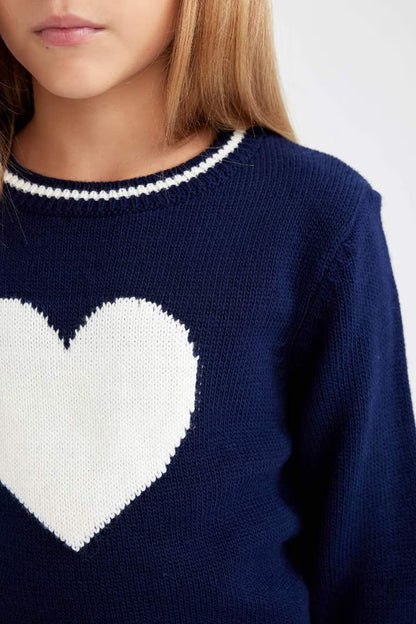 Girl Standard Fit Crew Neck Heart Knitted Pullover - -