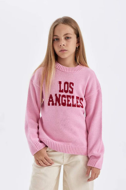 Girl Oversize Fit Crew Neck Written Patterned Knitted Pullover - -