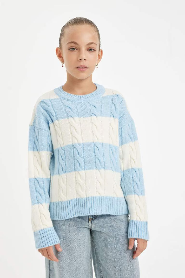 Girl Regular Fit Crew Neck Striped Knitted Pullover - -