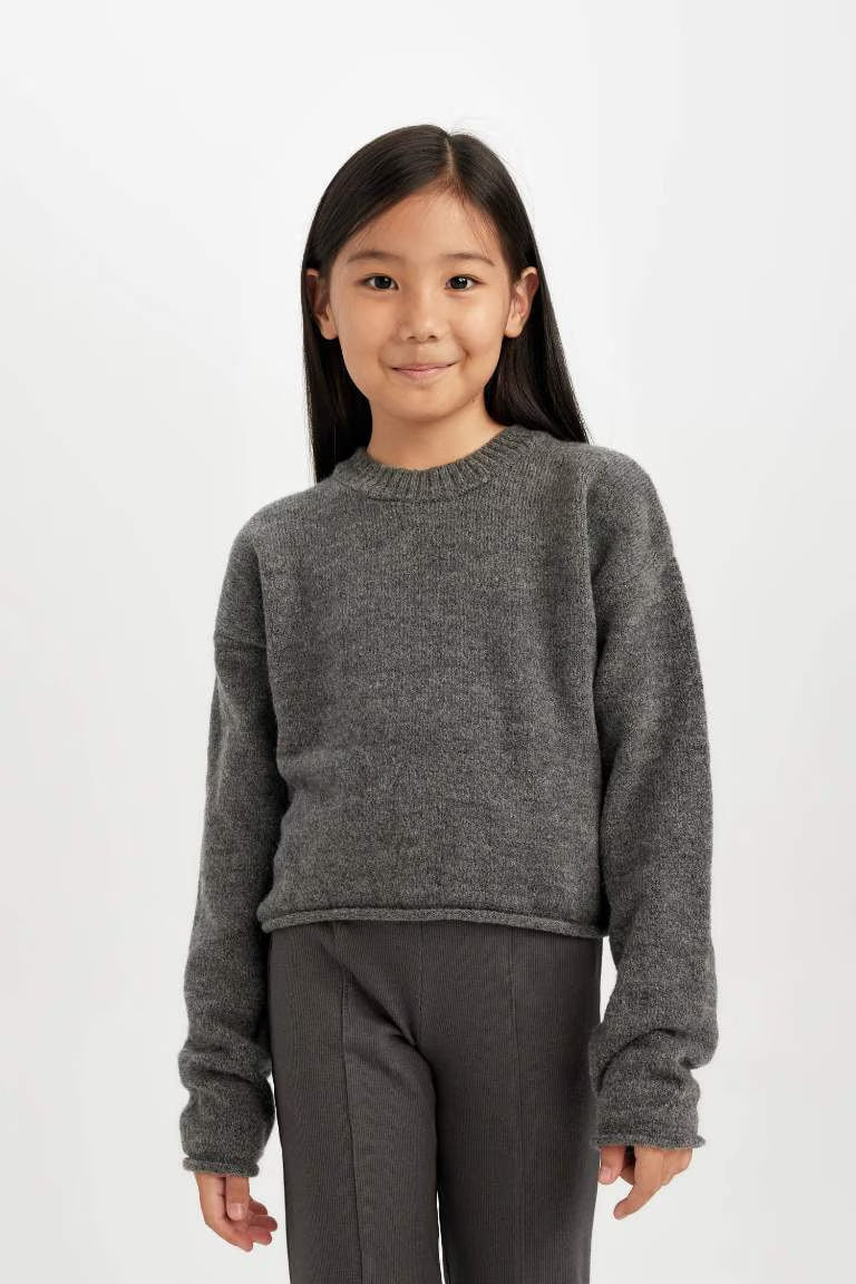 Girl Standard Fit Crew Neck Basic Knitted Pullover - - anthracite