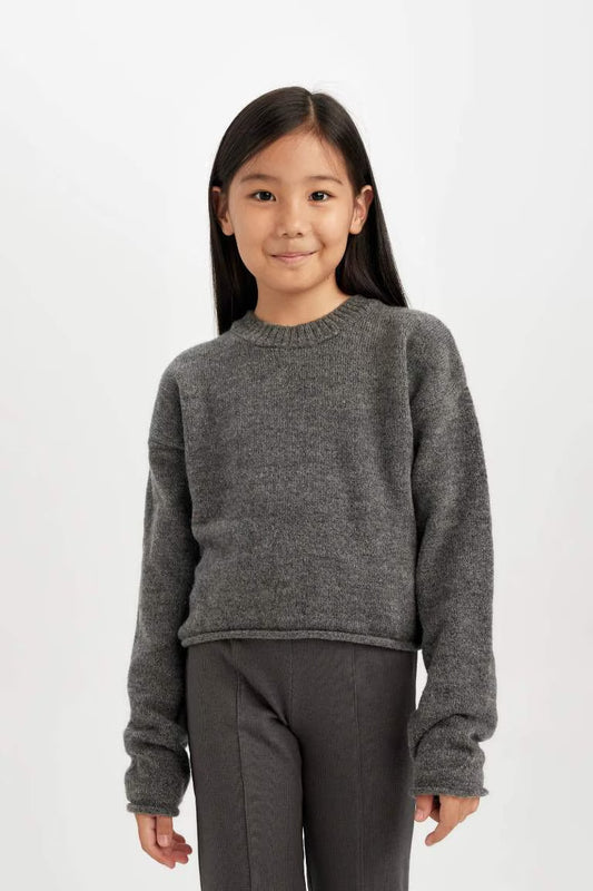 Girl Standard Fit Crew Neck Basic Knitted Pullover - - anthracite