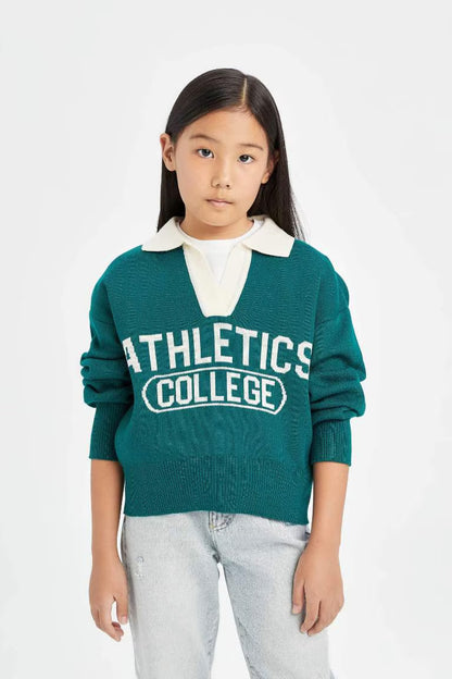 Girl Polo Neck Text Printed Knitwear Pullover - - Green