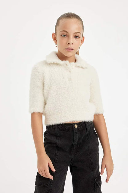 Girl Regular Fit Polo Neck Soft Textured Knitted Pullover - -