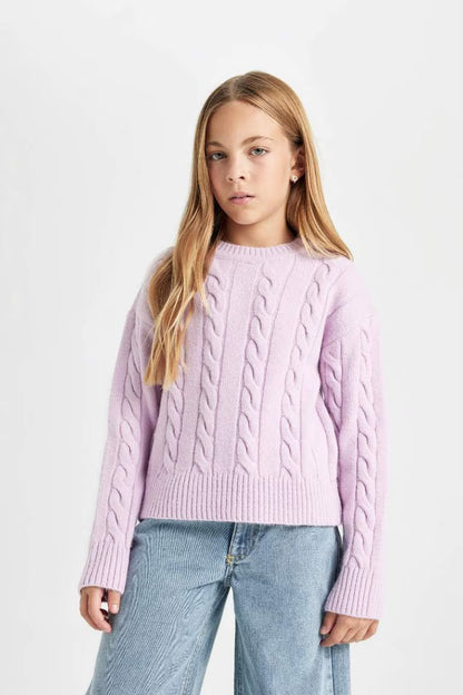 Girl Crew Neck Hair Knitted Pullover - - lavender
