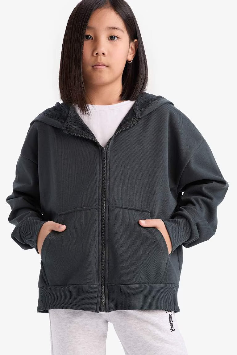 Girl Hooded Basic Pocket Zippered Sweatshirt - - anthracite