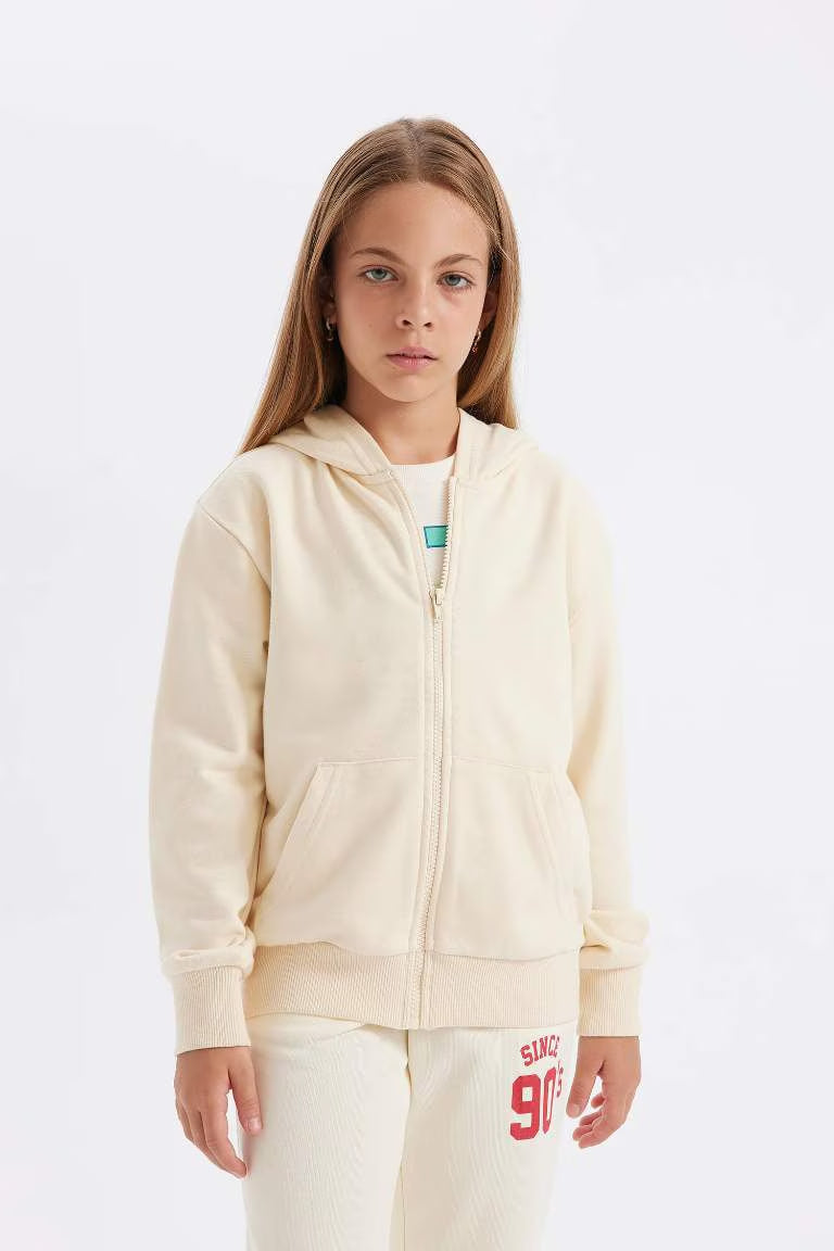 Girl Basic Hooded Zippered School Cardigan - -