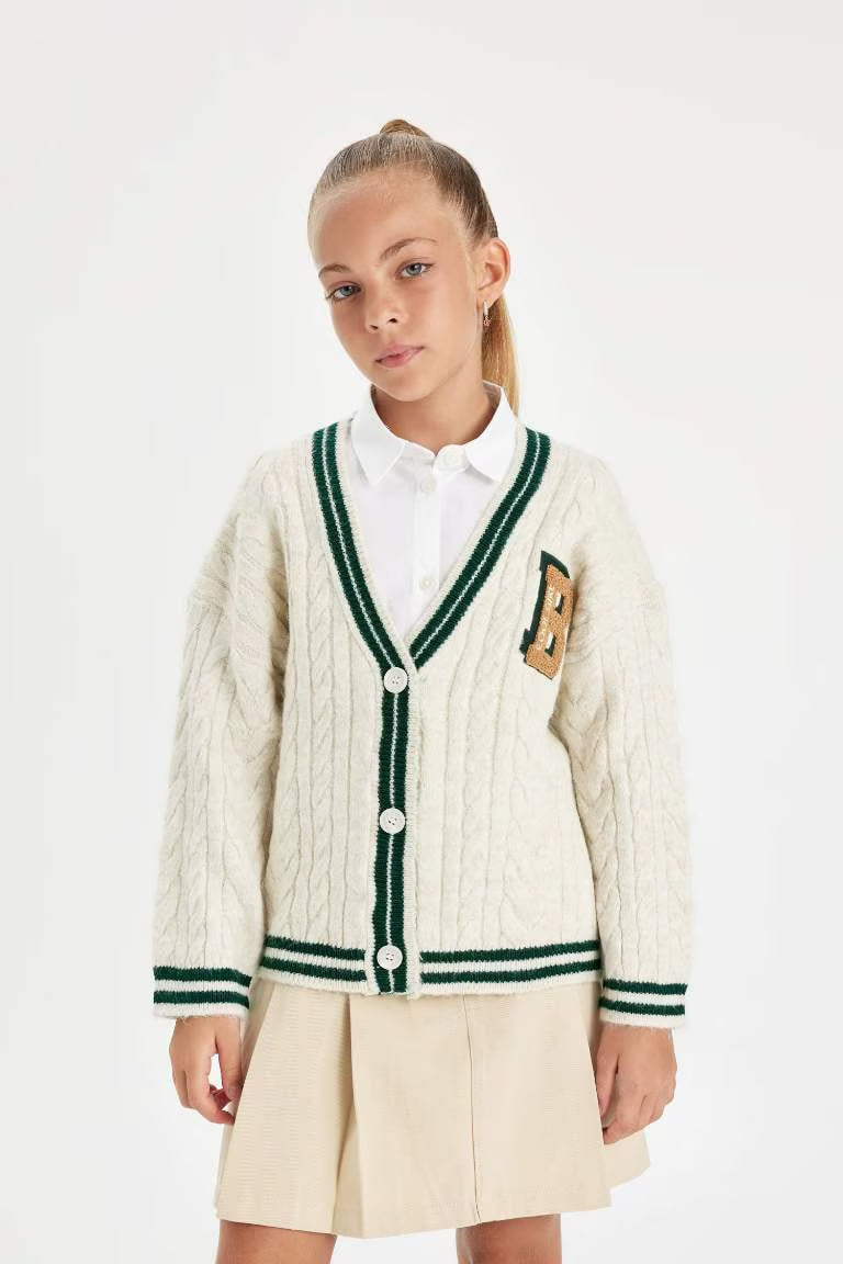 Girl Knitwear V Neck Button Closure Cardigan - -