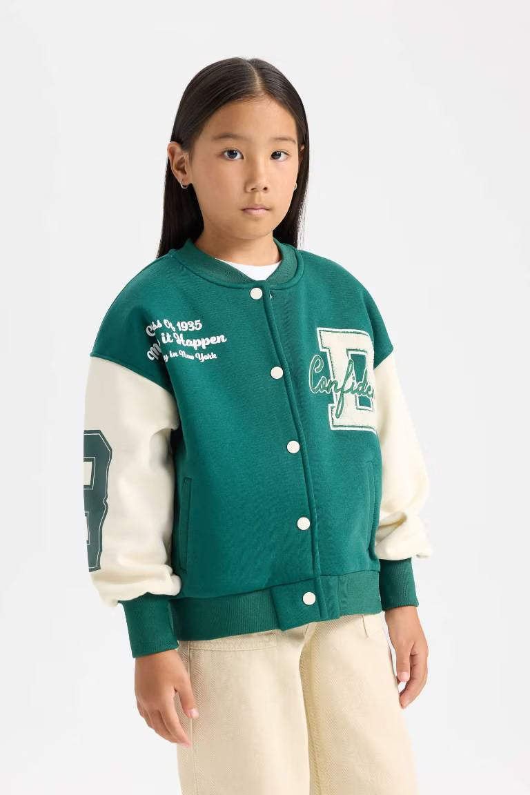 Girl College Collar Pocketed Light Printed Thick Bomber Jacket - -