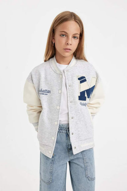 Girl Printed College Collar Bomber Jacket - - Heather