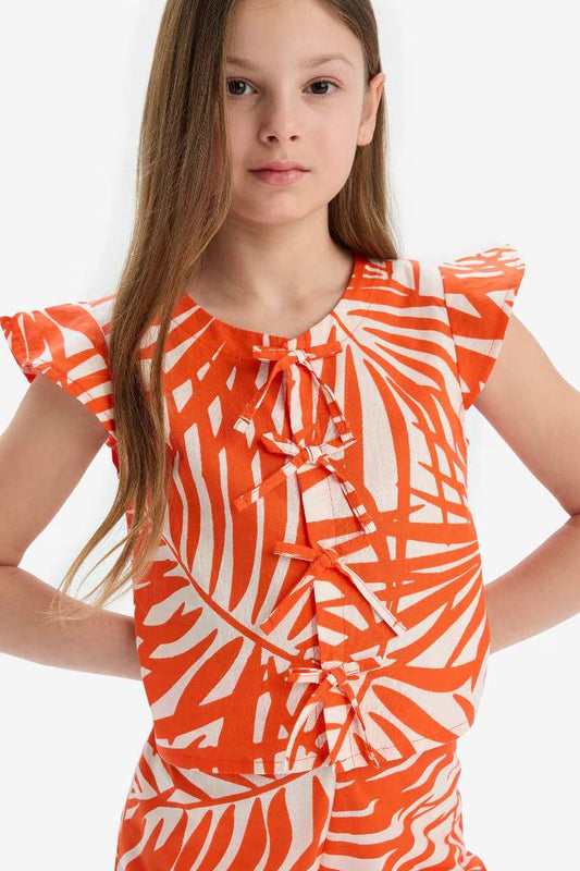 Girl Short Sleeve Blouse - - Orange