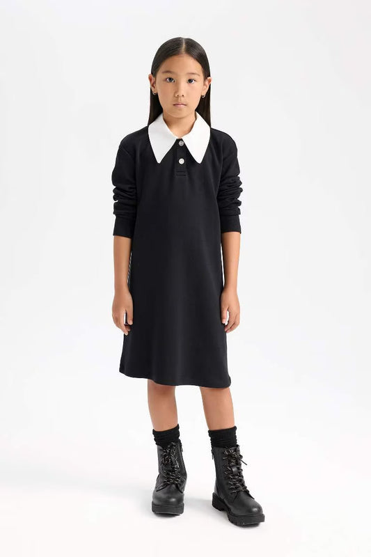 Girl Shirt Collar Basic Long Sleeve Black Dress - -