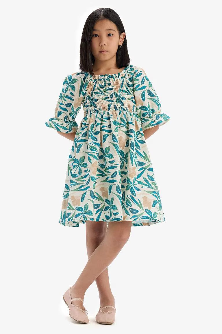 Girl Patterned Cotton Short Sleeve Dress - -