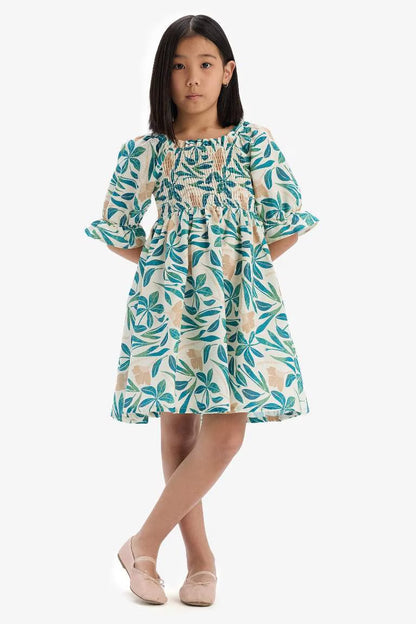 Girl Patterned Cotton Short Sleeve Dress - -