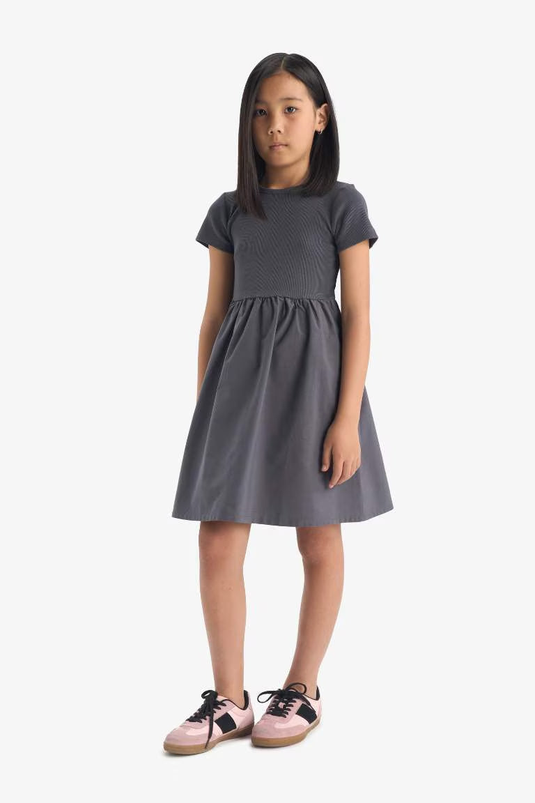 Girl Crew Neck Corduroy Short Sleeve Dress - -