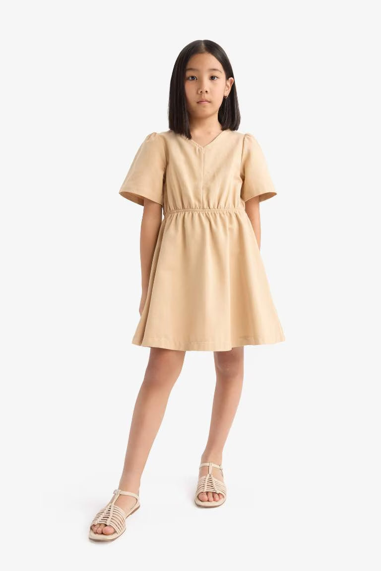 Girl Standard Fit V Neck Gabardine Short Sleeve Dress - -