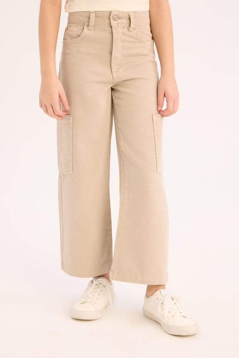 Girl Wide Leg Cargo Jeans - - Beige