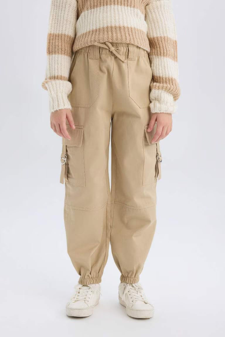 Girl Parachute Jogger Leg Cotton Cargo Pants - - Beige
