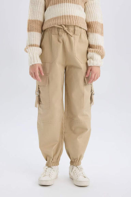 Girl Parachute Jogger Leg Cotton Cargo Pants - - Beige