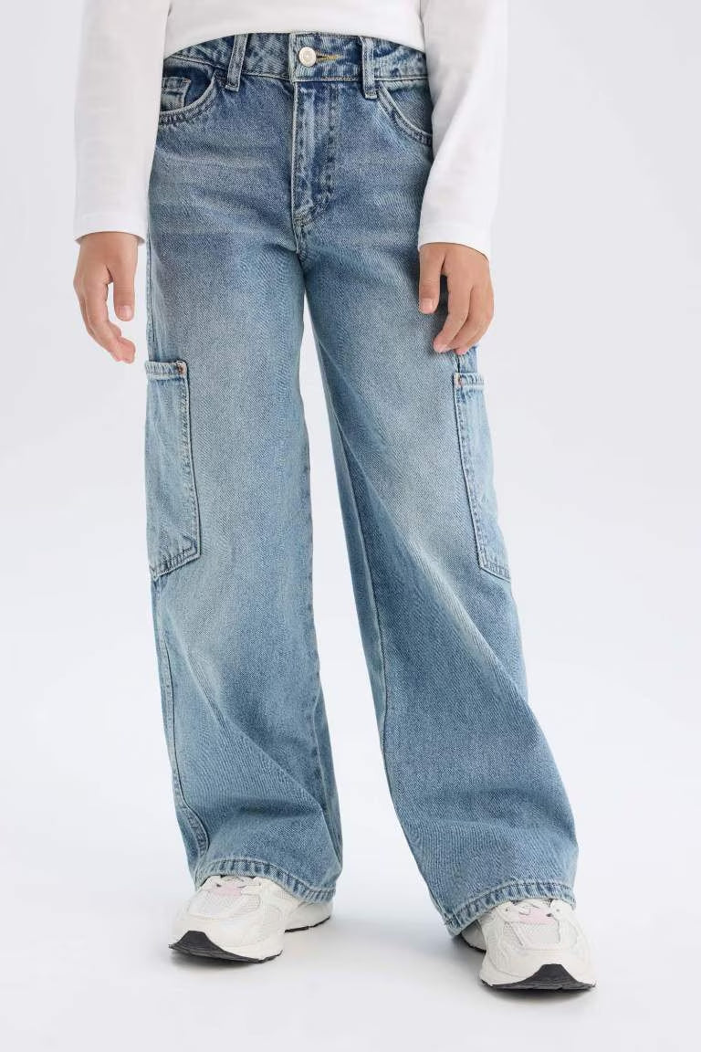 Girl Parachute Jogger Leg Cotton Cargo Pants - - sky