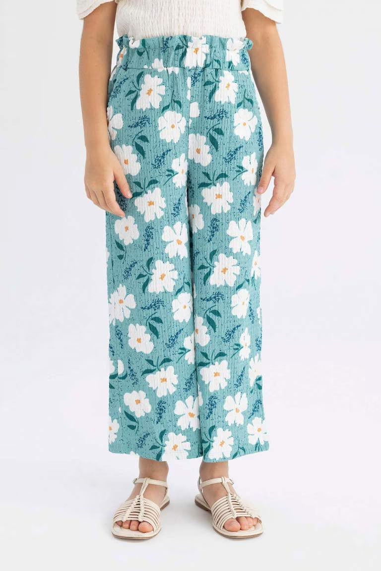Girl Wide Leg Floral Wrinkled Trousers - - light green