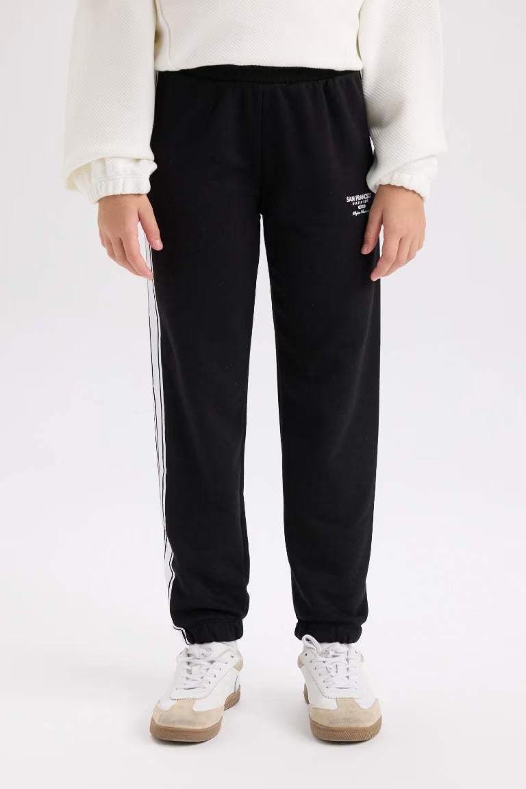 Girl Black Elastic Waist Leg Printed Jogger Sweatpants - -
