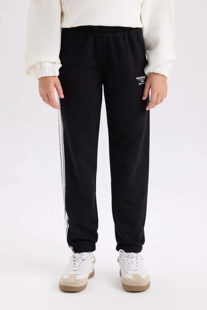 Girl Black Elastic Waist Leg Printed Jogger Sweatpants - -