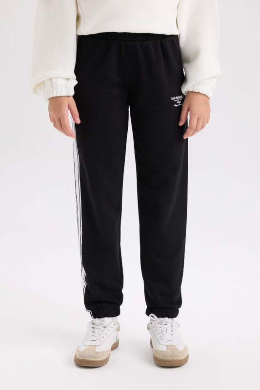 Girl Black Elastic Waist Leg Printed Jogger Sweatpants - -