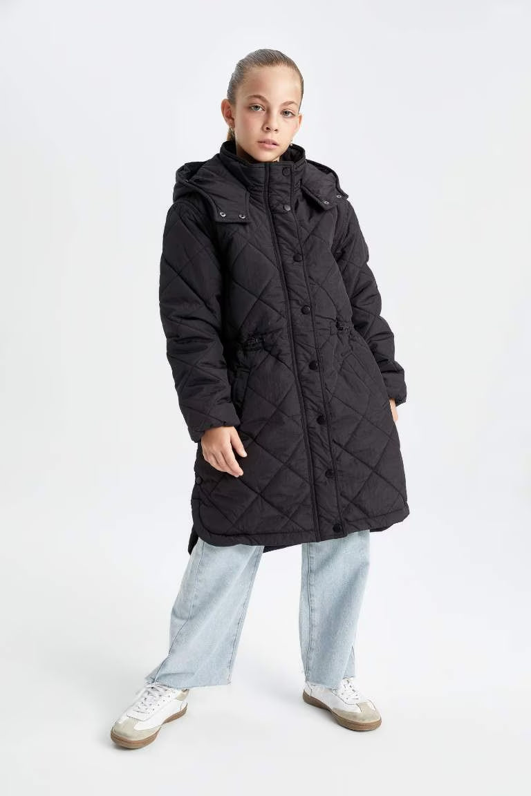 Girl Waterproof Hooded Long Puffer Jacket - - Black