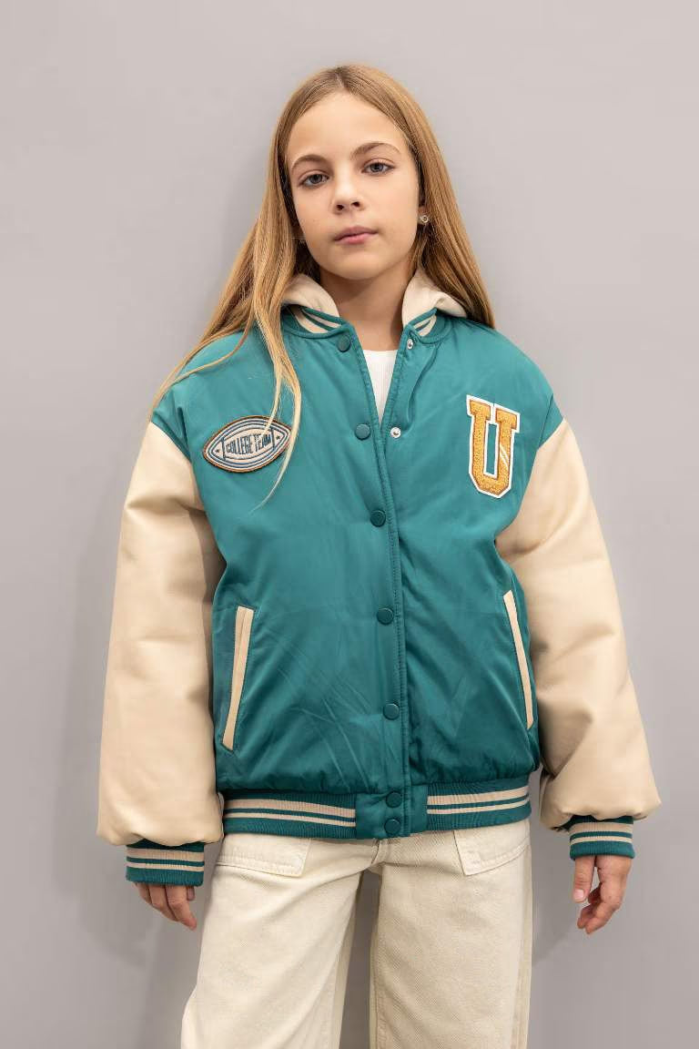 Girl Removable Hooded College Collar Bomber Jacket - -