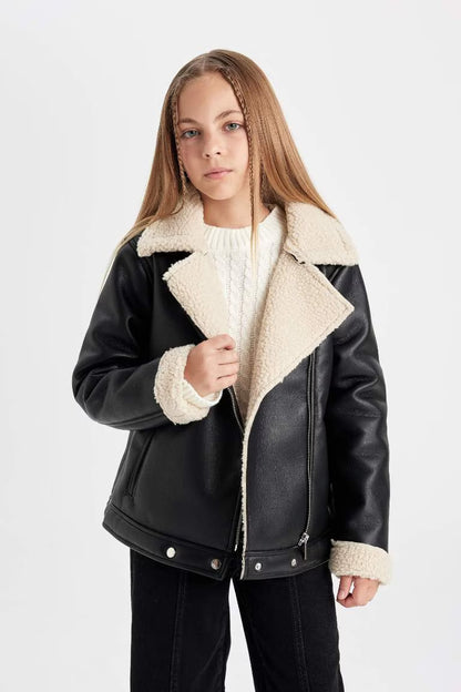 Girl Waterproof Jacket Collar Plush Lining Faux Leather Jacket - -