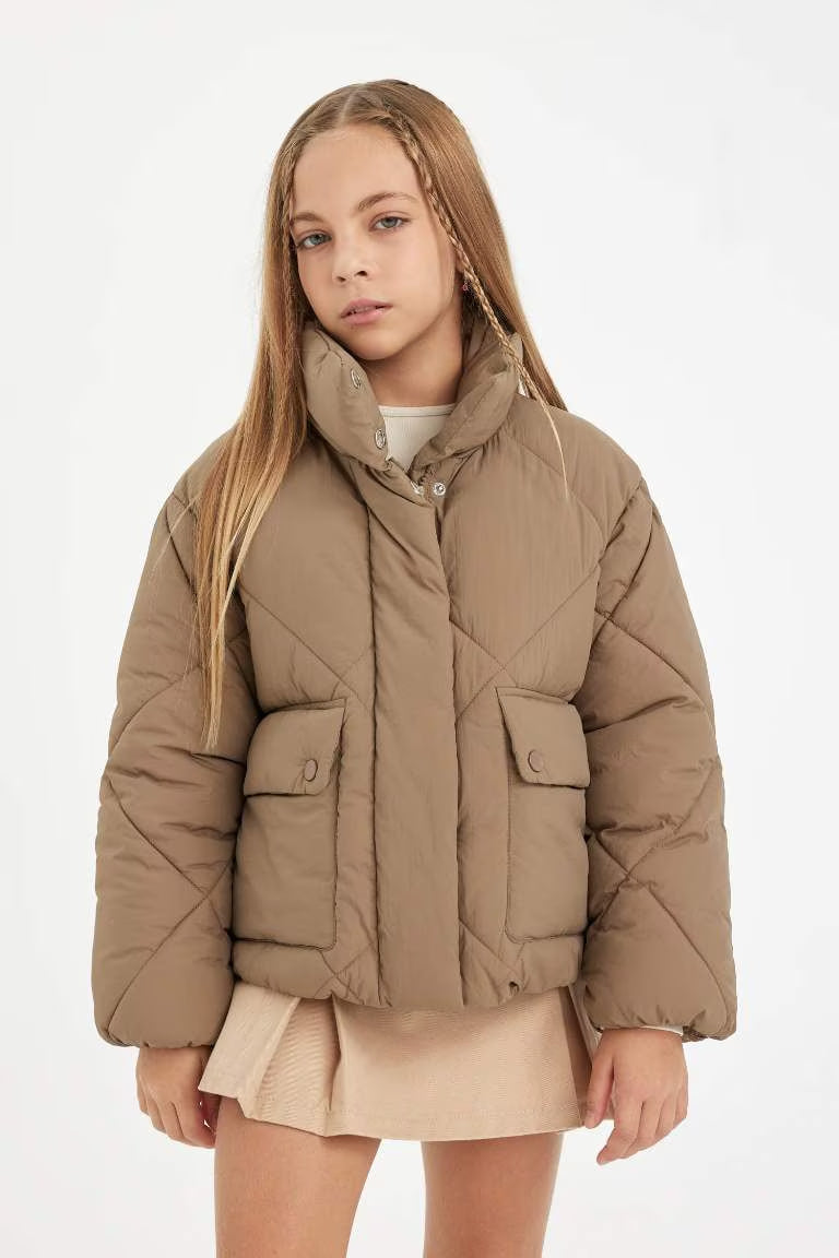 Girl Stand Collar Pocket Waterproof Puffer Jacket - -